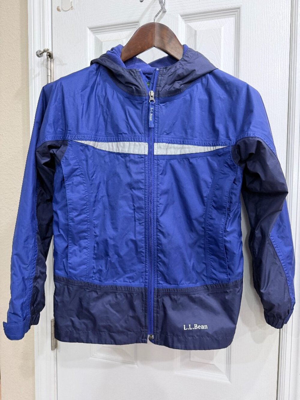 L.L.Bean Kids Blue Hooded Windbreaker Jacket Fleece Lined Reflective Sz M 10-12
